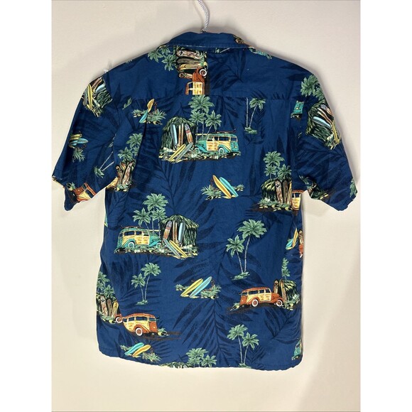 Vintage RJC Hawaiian Shirt Mens Medium Woody Palm Trees Blue Made in USA Cotton - Picture 6 of 8